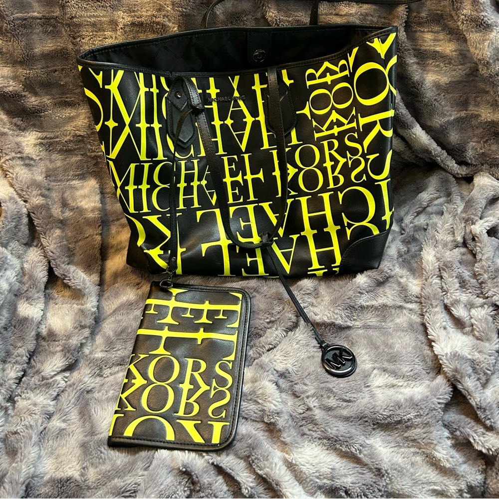 Michael Kors Black and Neon Green tote with the detachable pouch.